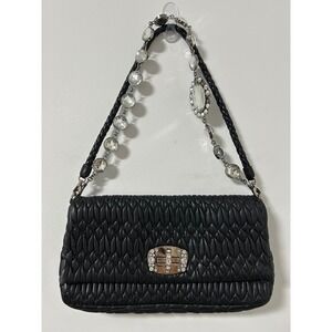 Miu Miu Black Matelassé Nappa Leather Shoulder Bag Crystal Cloque Chain Strap
